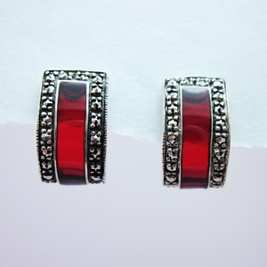Red Enamel Rectangle Earrings with Marcasite
